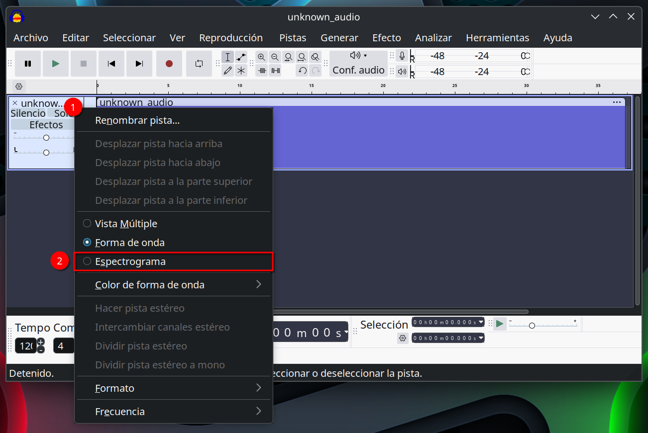 Seleccionando la visualización del espectrograma en la pista de audio