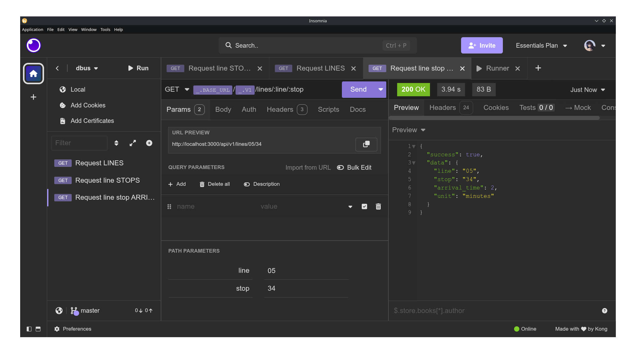 Cliente de Insomnia realizando una petición GET /api/lines/05/34