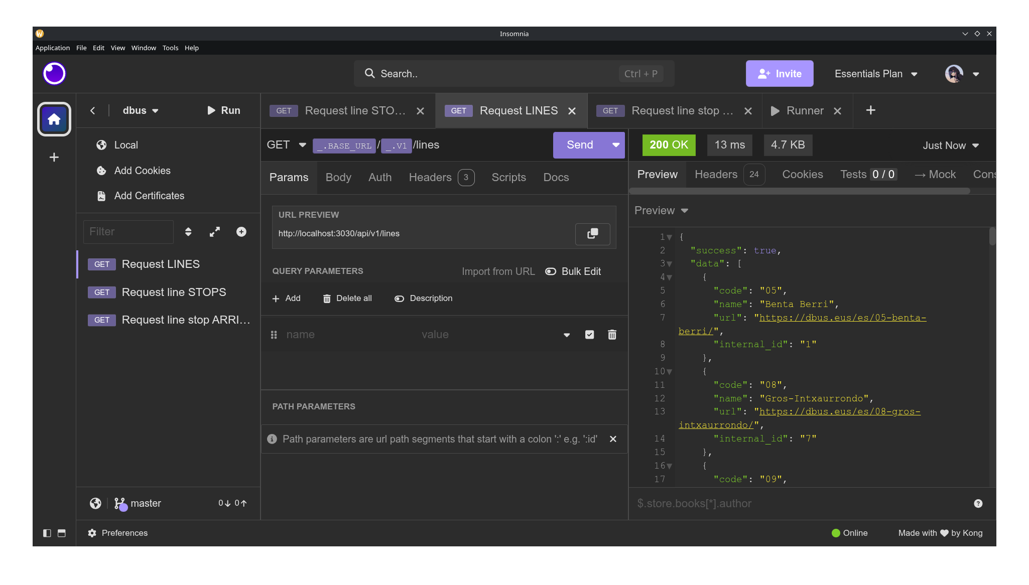 Cliente de Insomnia realizando una petición GET /api/lines/ una vez cacheadas las líneas