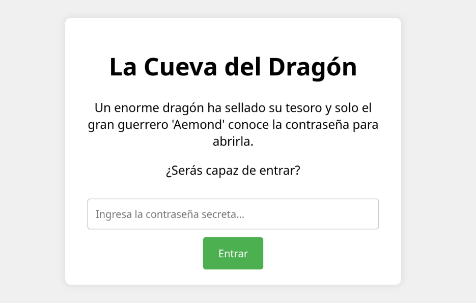 Una página de inicio de sesión titulada &quot;La Cueva del Dragón&quot; con un campo para introducir una contraseña