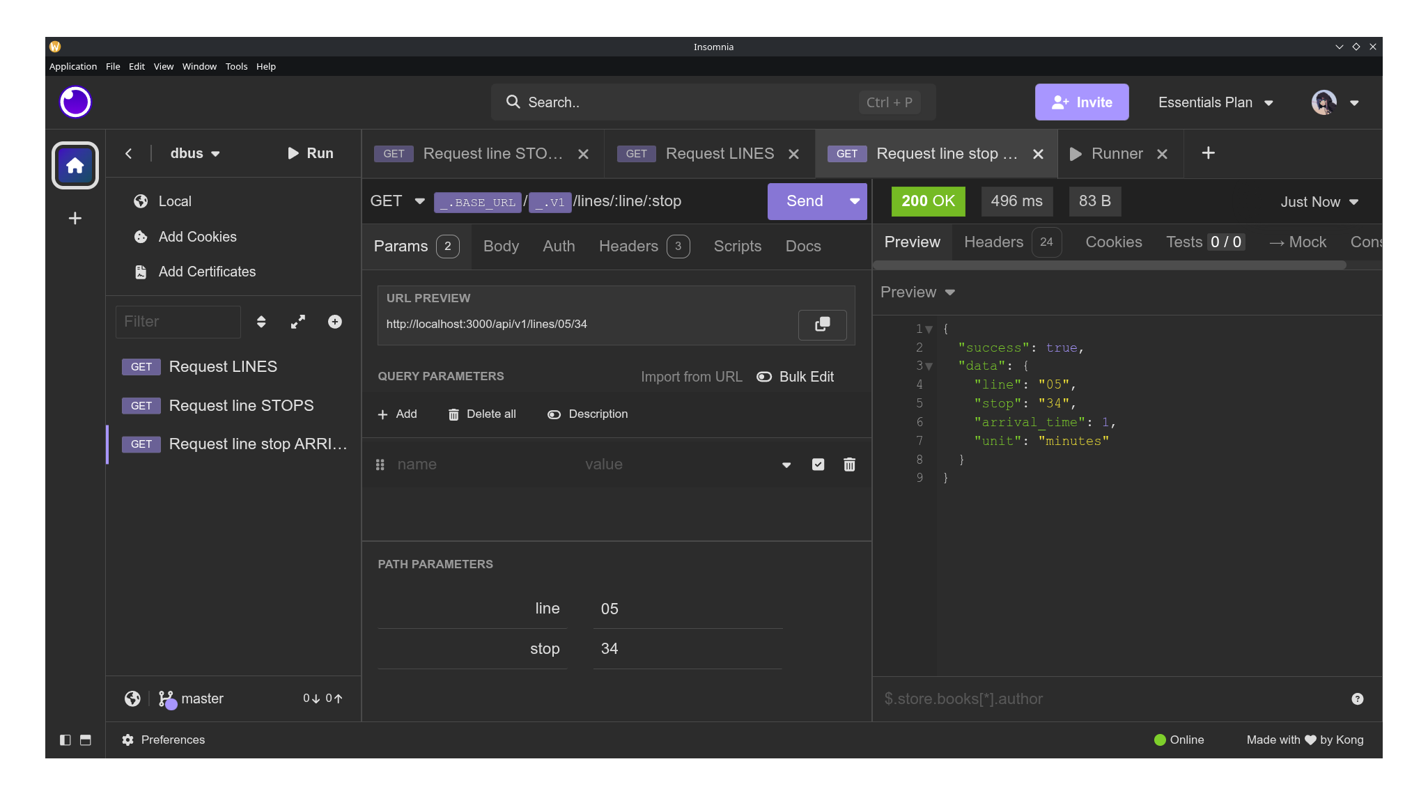 Cliente de Insomnia realizando una petición GET /api/lines/05/34 por segunda vez