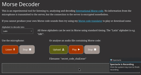 Un GIF mostrando cómo se utiliza la herramienta en línea para decodificar el audio en código Morse
